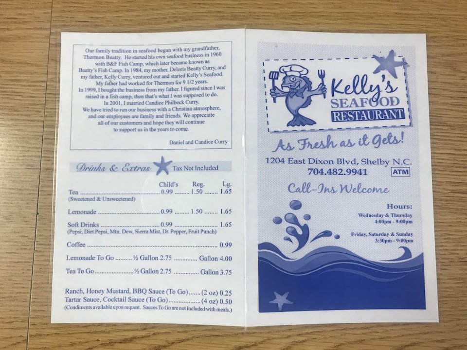 Menu page for a long-running seafood restaurant.