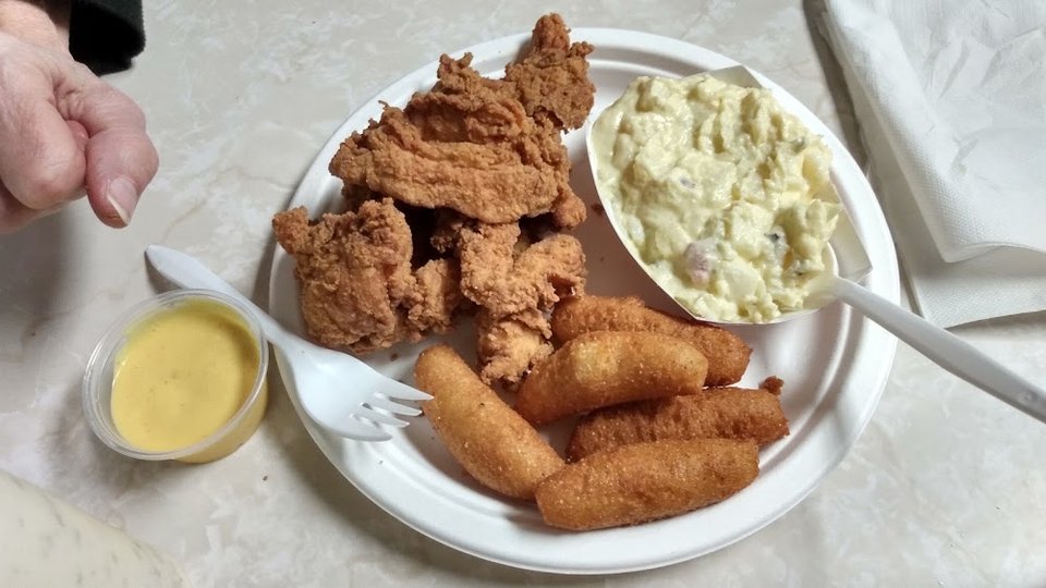 Chicken Tenders Potato Salad and Hushpuppies